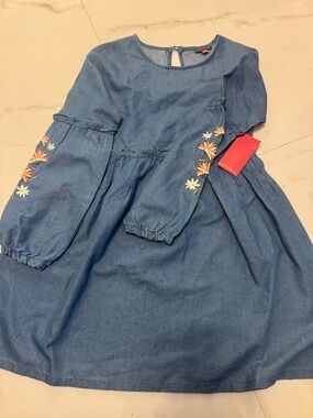 Vince Camuto Girls' Blue Denim-Look Dress with Floral Embroidered Sleeves